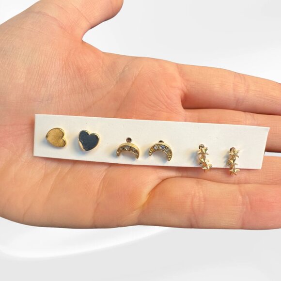 Gold-Tone Dainty Stud Earring Pack — Stars, Moons & Hearts - Picture 1 of 4